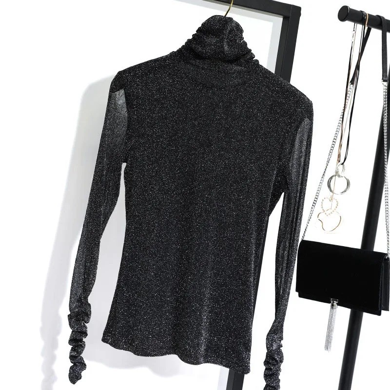 Осенняя шелковая женская блузка с высоким воротником прозрачная сетчатая