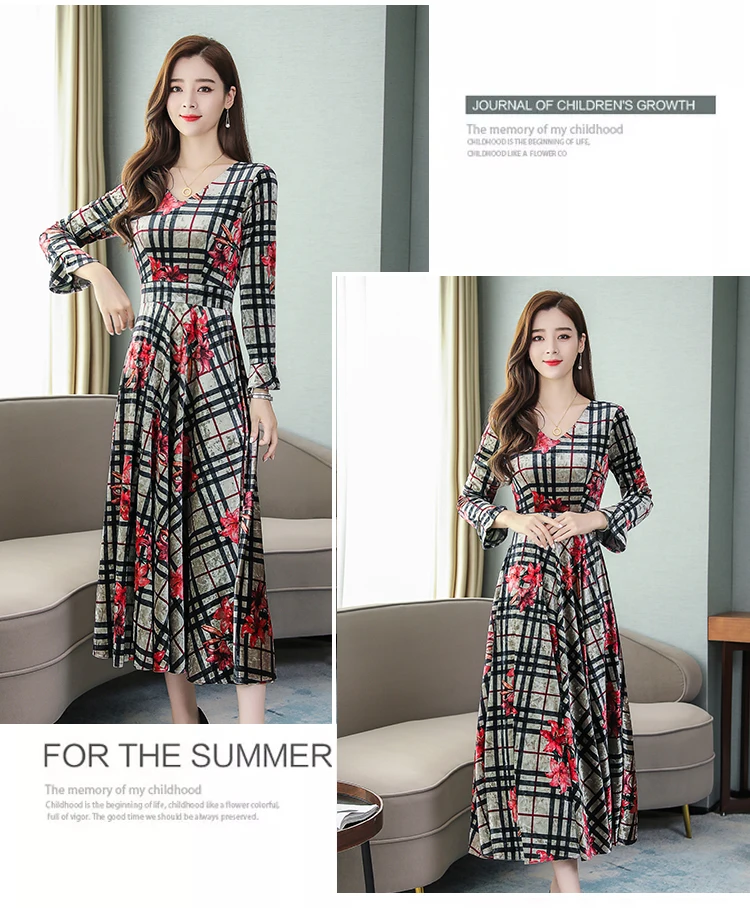 Vintage Floral Velvet Maxi Dresses Autumn Winter 3XL Plus Size Long Sleeve Midi Dress Elegant Women Bodycon Party Vestidos