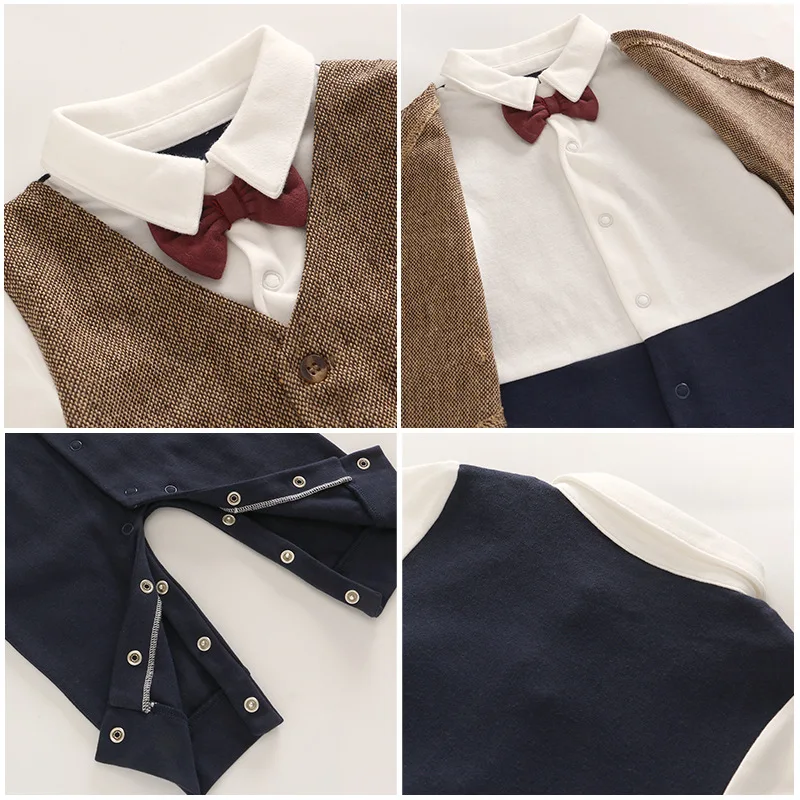 Vlinder Baby Boys Rompers baby clothes Newborn Fake 2pcs Button Infant Pajamas Cotton Gentleman Necktie Long Sleeves Jumpsuit |