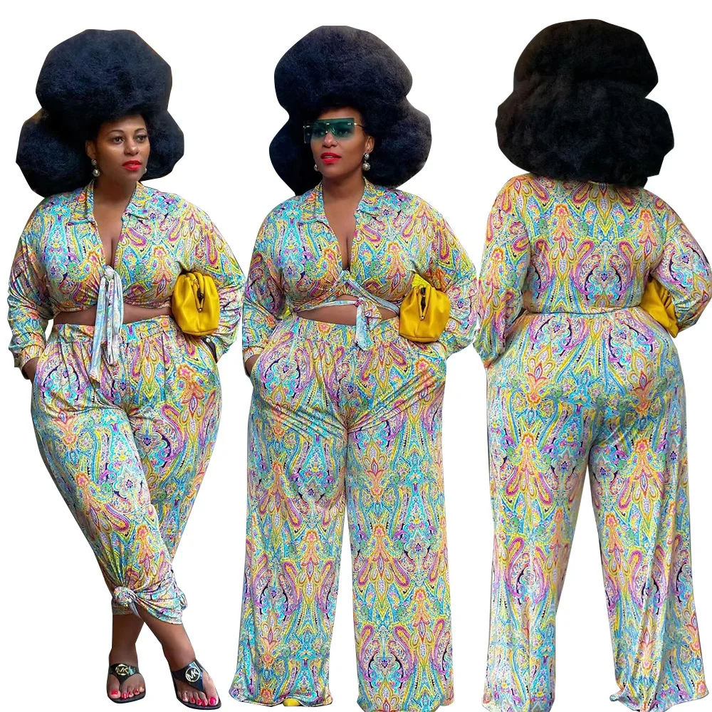 

Fall Clothes for Women Fashion Turn Down Collar Cardigan Printed Sexy Plus Size Clothing Two Piece Sets Wholesale Dropshipping