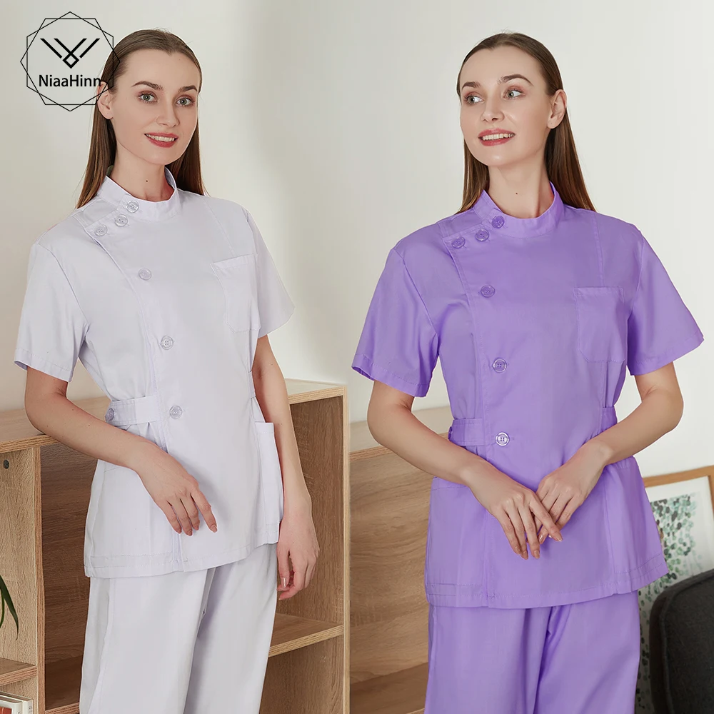 

Women's Fashion Uniforms Stand Collar Short Sleeve Coat Side Opening Front Scrubs Suit Slim Fitting Short Jacket Clinic Workwear