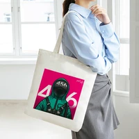cute squid game 456 round six anime canvas bag shopper bag vintage shoulder bags tote large capacity women bag college handbag
