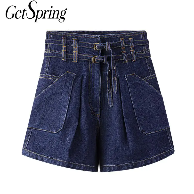 

GetSpring Women Short Fashionable Double Waistband Jean Shorts Women Summer High Waisted Shorts Blue Denim Short Spring 2021 New