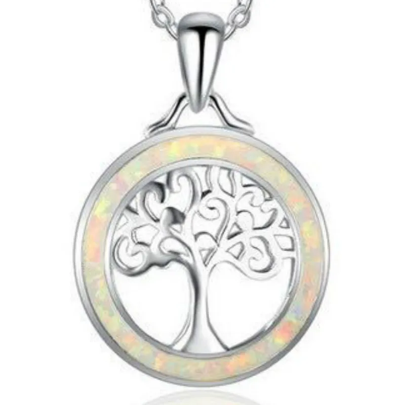 Женское колье с подвеской Древо жизни маленькое голубым опалом серебряного