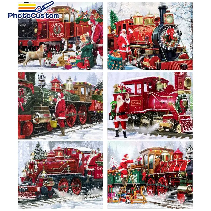 

PhotoCustom DIY Oil Painting By Numbers Christmas Train DIY Acylic Drawing By Numbers Landscape Drawing Gift Home Decor
