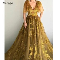 verngo 2021 luxurious gold lace applique evening dresses a line v neck ribbons tulle long prom gowns dubai arabic party event