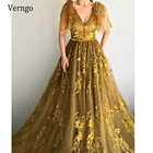 Verngo 2021 роскошные золотые кружевные вечерние платья с аппликацией Линия с V-образным вырезом ленты тюль, променадов для Дубайский Арабский Вечерние события