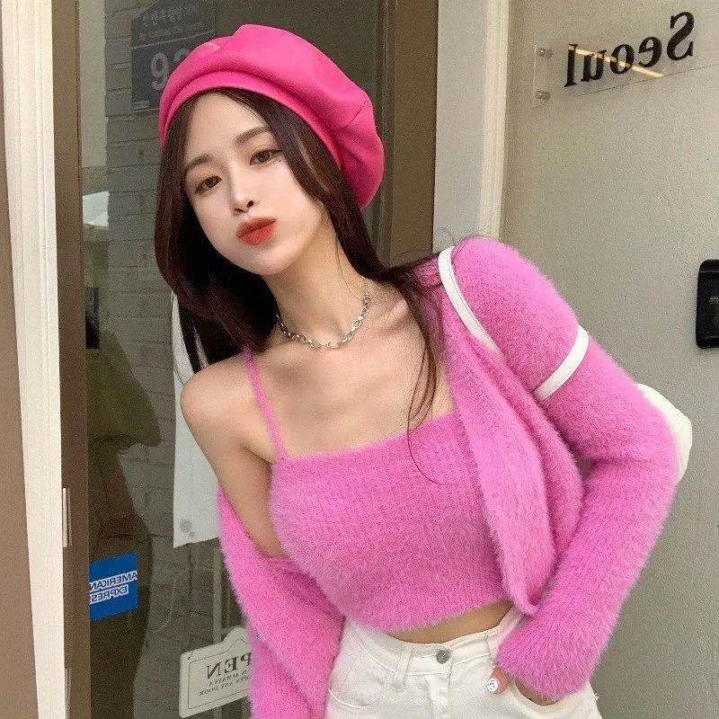 

Sweet Faux Mink Knitting Suits For Women Spring Autumn High Street Crop Long Sleeve Cardigans + Camisole Harajuku Sweater Set