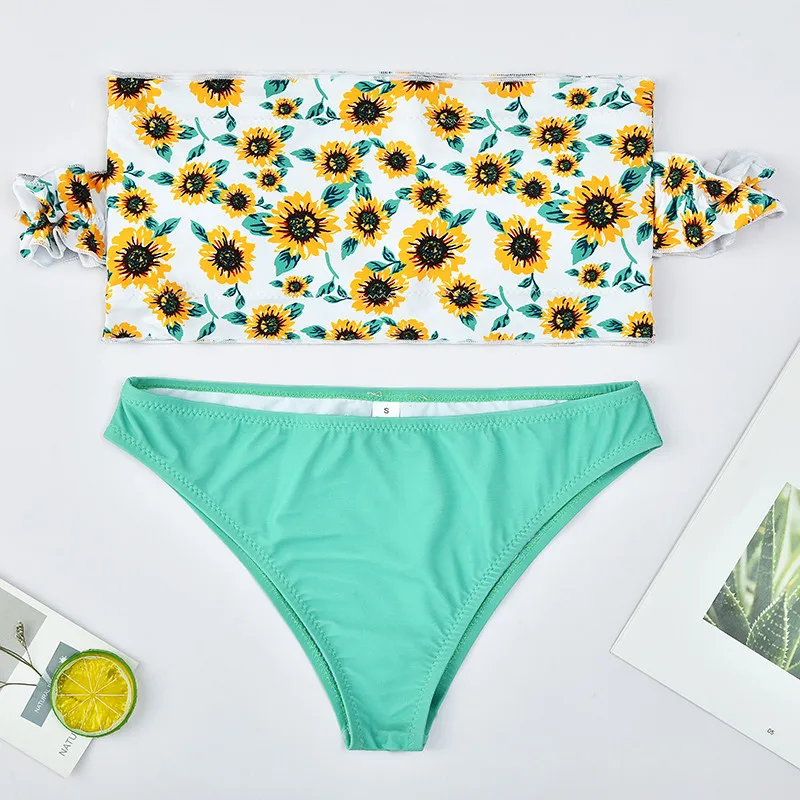 Женский купальник бикини из двух частей купальный костюм топ с оборками и