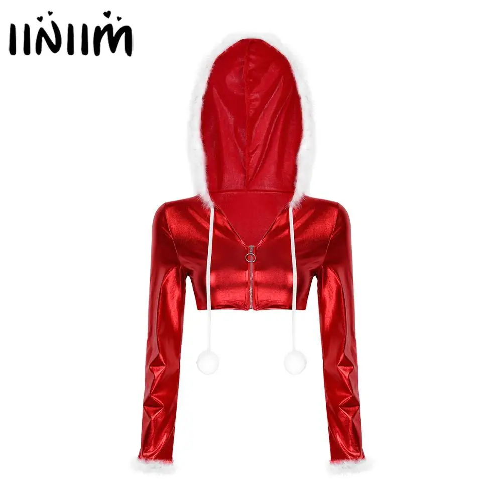 

Женская одежда iiniim, Блестящий металлический короткий топ с длинными рукавами и капюшоном на молнии, рождественский костюм Санты, красивые х...