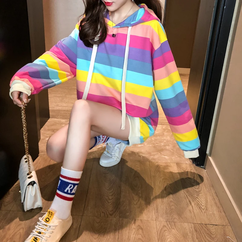 

Hoodies Women Leisure Rainbow Trendy All-match Leisure Hooded Korean Style Long Sleeve Striped Harajuku Girls Oversized Womens