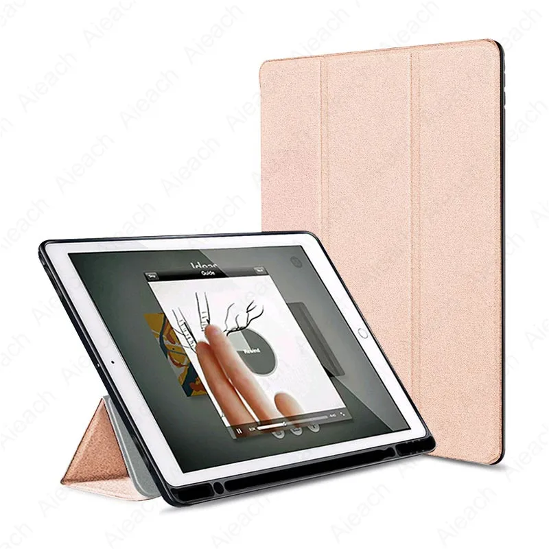 Rose Gold Для iPad 7th 10," Чехол с карандашом держатель ткань Текстура Кожа Мягкий силиконовый чехол для iPad 10,2 чехол Автоматический Режим сна/пробуждения - Цвет: Rose Gold