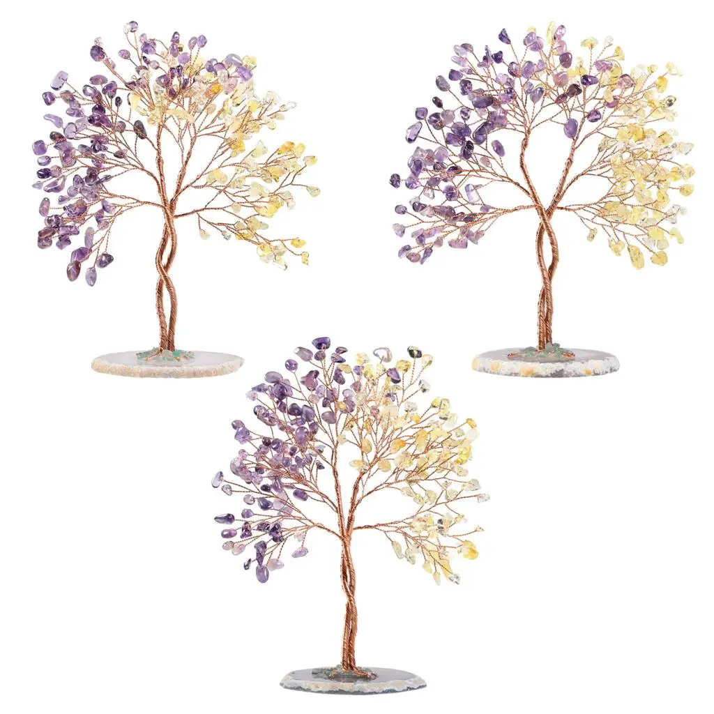 Natural Crystal Quartz Gravel Chip Minerals Reiki Money Tree With Slices Agate Base For Luck Wealth Room Decor Home Ornaments