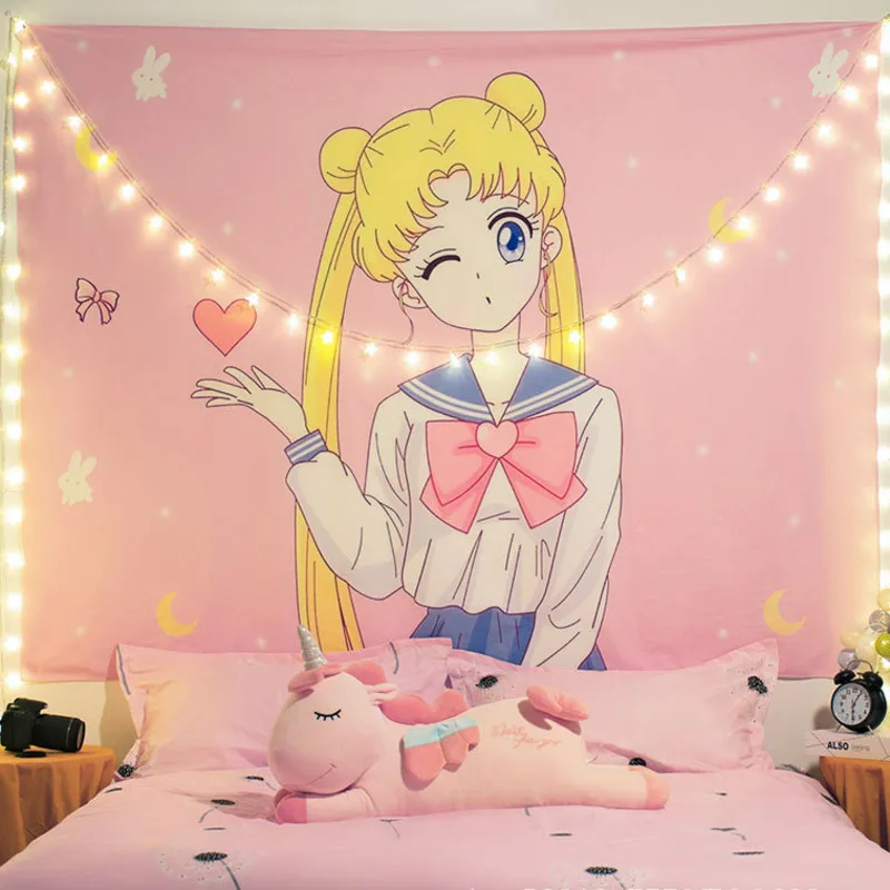 

Cute Polyester Tapestry Kawaii Decor Pink Room Anime Moon Wall Hanging Tapestry Cloth Japanies Style Cat Rabbit Nordic Home Deco
