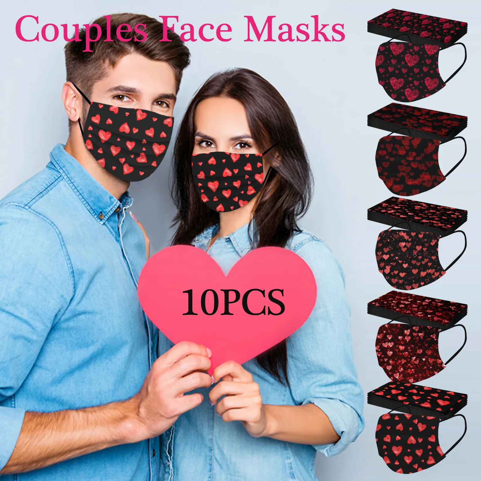 

10pc Heart Printed Mask Adult's Disposable Breathable Face Masks 3 Layer Filter Melt-blown Non-woven Women Mask Mondkapjes d5