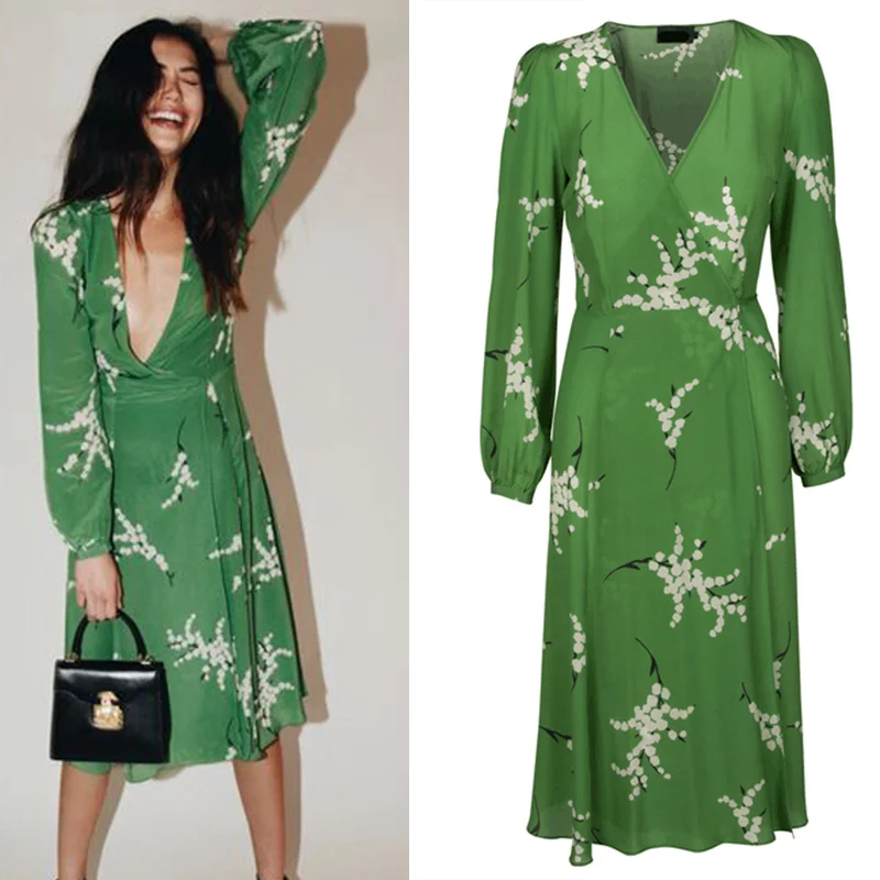 Женское пляжное платье с цветочным принтом Черное длинное длинным рукавом и