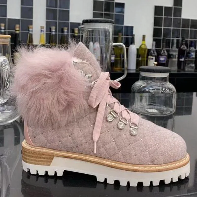 Розовый мех отделка шерстяные зимние сапоги на устойчивой массивной подошве