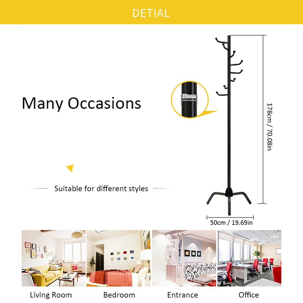 

Coat Rack Clothes Tree Coatrack Hat Hanger Hallstand Clothes Hat Tree Rack Free Standing with L-Shaped Hooks Tripod Base