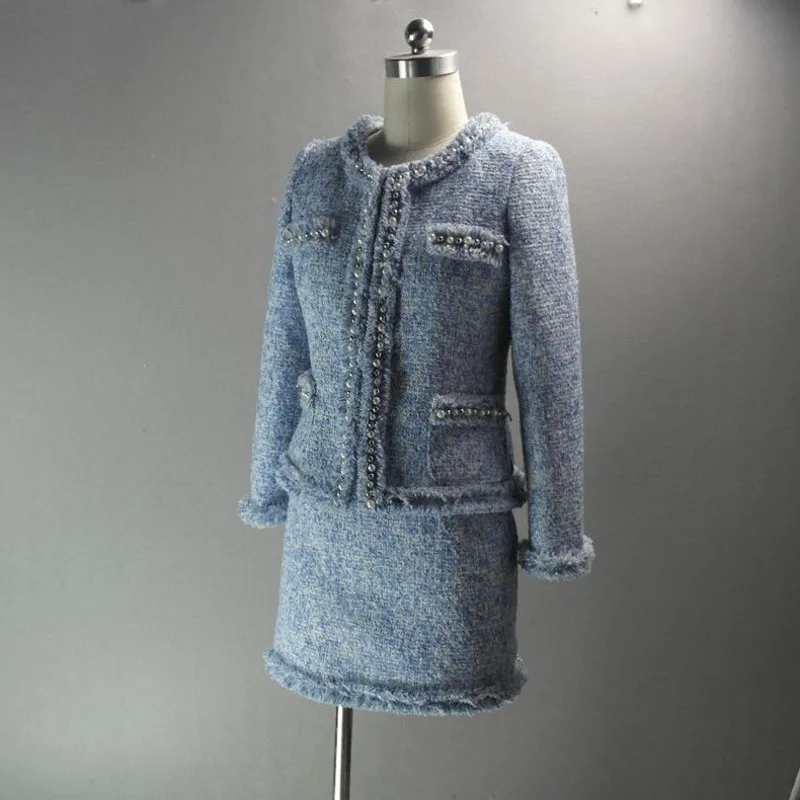 

Italian Elegant Ladies Office Pearls Beading Tweed Two Piece Sets Tassels Twill Jacket Coats Wrap Mini Skirts Suit Women Outfits