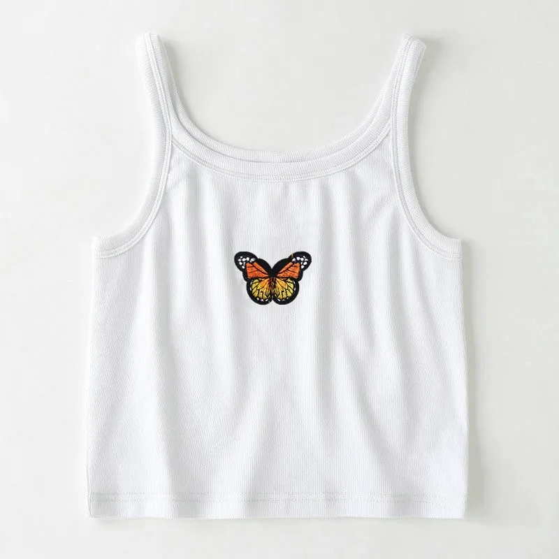 Майка женская с вышивкой бабочки пикантный синий укороченный топ принтом