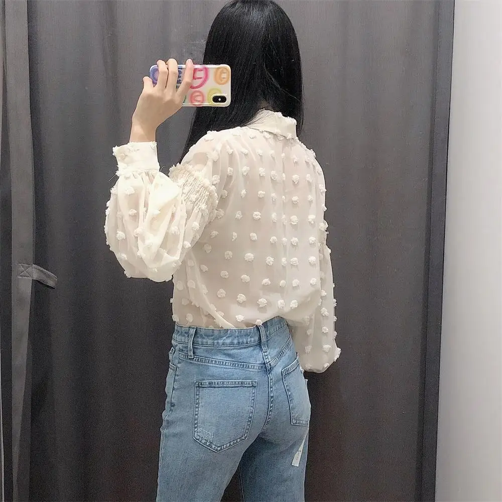 

2020 Fall Women New Slim Fashion Jacquard Polka Dot Thin Chiffon Long Sleeve Shirt