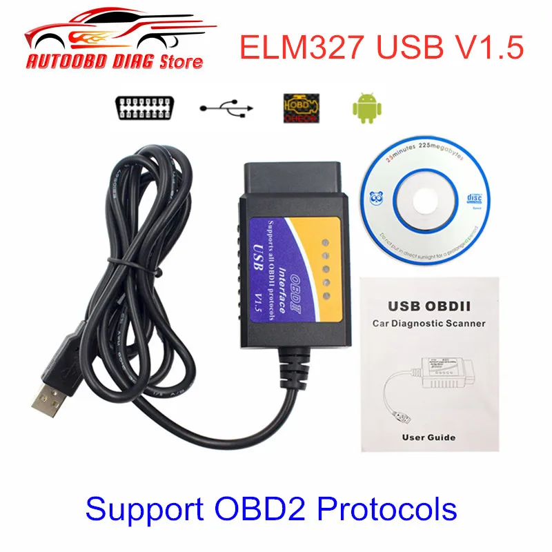 Лучшая цена USB ELM327 V1.5 OBD2 сканер кода ELM327 USB V1.5 Диагностический кабель ELM 327 Поддержка OBD2 протоколы для Windows 7 8 XP