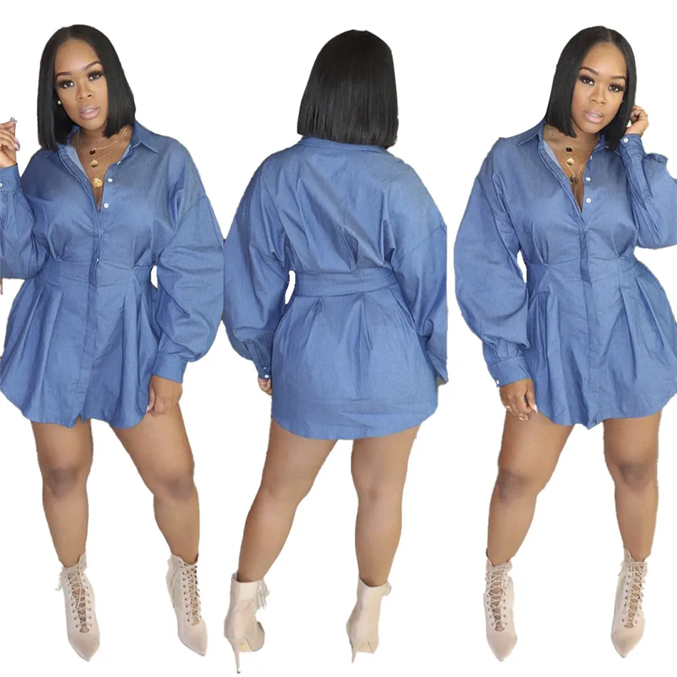 

Women Shirt Denim Dress Fashion Elegant Lapel Collar Puff Sleeve Singlr Breasted Skinny Waist Pleated Mini Dresses Office Wear