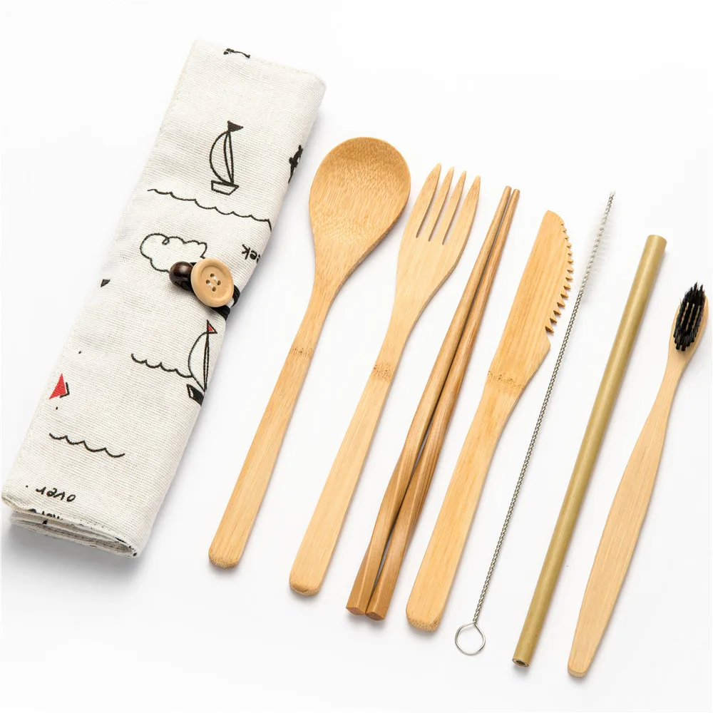 8pcs setB011 Многоразовый бамбуковый кухонный набор инструментов для приготовления пищи, набор деревянных столовых приборов, вилка, резак, сумка для резки, вилка, ложка, набор ножей или набор посуды для пикника - Цвет: 8pcs setB011
