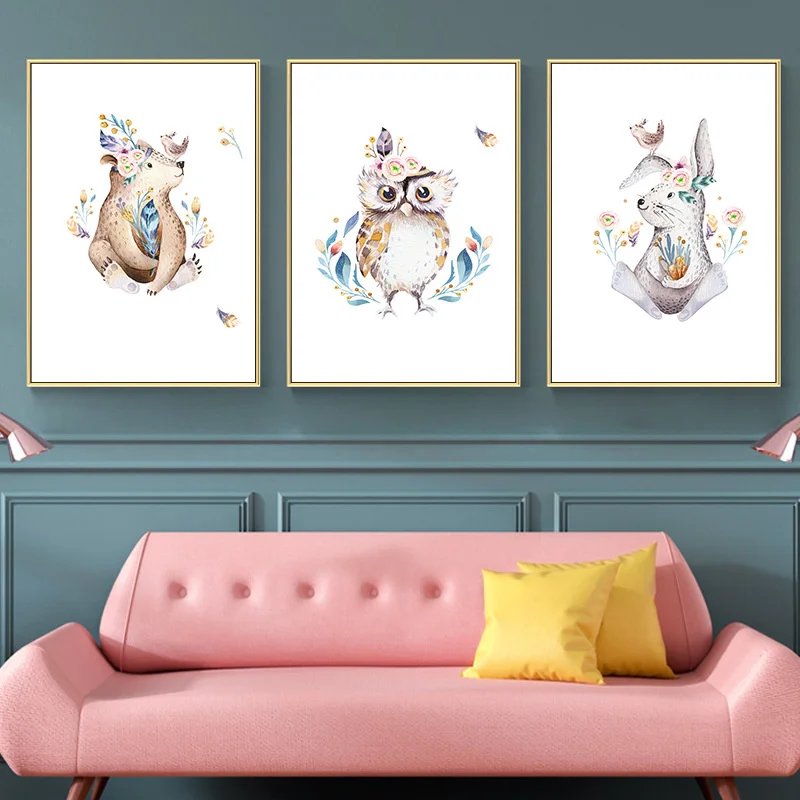 

Colorful Flowers Bird Bear Rabbit Deer Poster Cartoon Animal Decorative Painting Canvas Print Picture Nursery Kids Room Decor