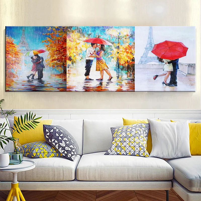 Мультфильм влюбленных холст стены искусства пара целующиеся в дождь
