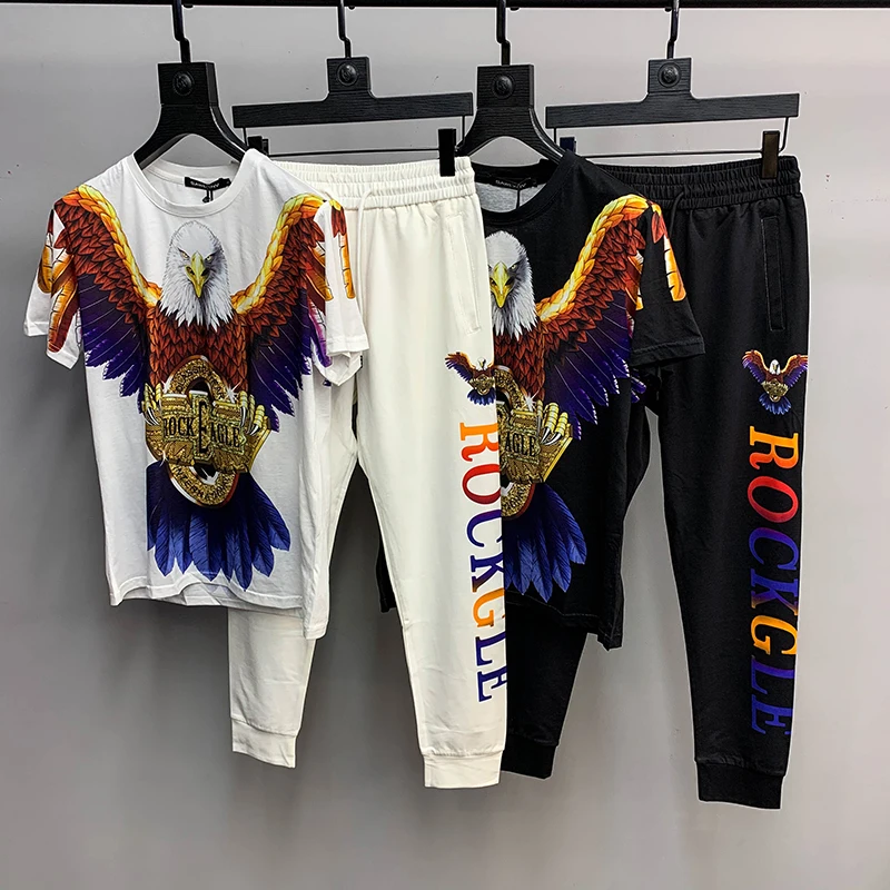 

Summer 2021 new fashion brand personalized digital Eagle printing short sleeve suit fashion mercerized cotton two piece suit for