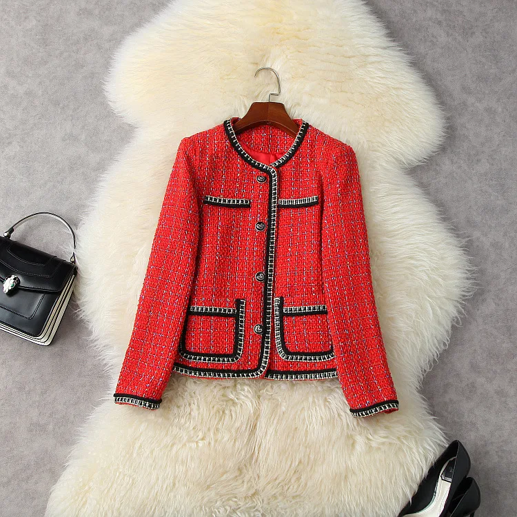 

Женская одежда в европейском и американском стиле, новинка весны 2022, модное однобортное красное твидовое пальто с длинным рукавом и круглым...