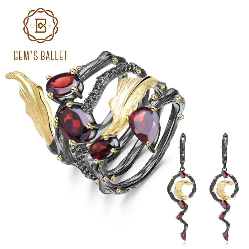 GEM'S BALLET 3.95Ct Natural Red Garnet Earrings Ring Sets 100%925 Sterling Silver Vintage Gemstone Jewelry Set For Women Wedding |