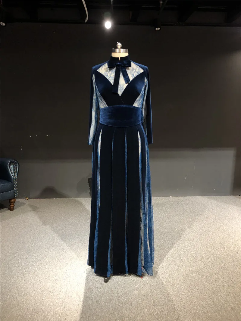 

Женское вечернее платье с длинным рукавом, темно-синее платье-трапеция с бархатным узором, длинным рукавом, длиной до пола, платье для выпус...