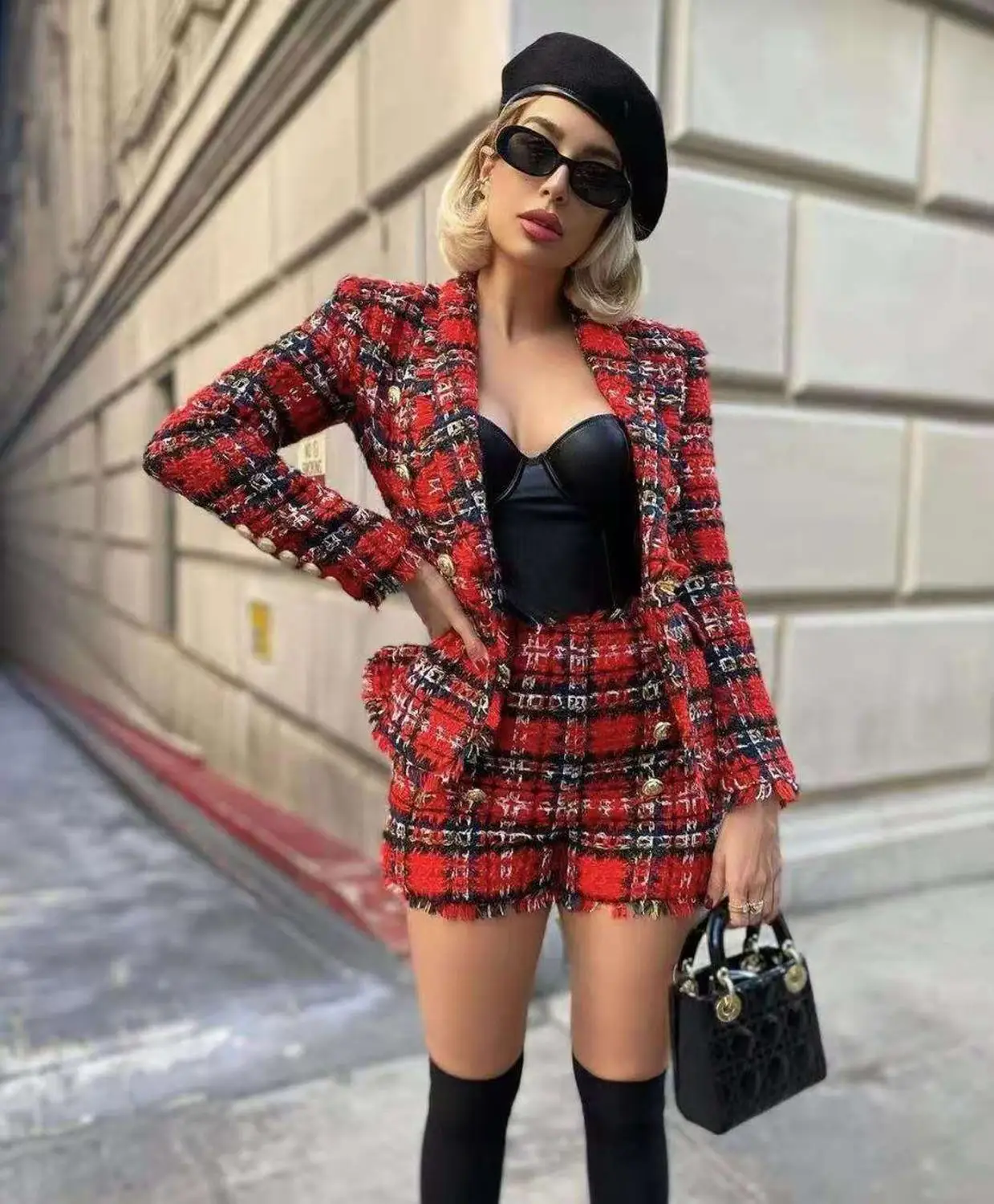 

High Street Autumn New Metal Lion Button Double Breasted Plaid Tweed Fringed Celebrity Designer Fashion Women Suit