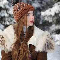 kenshelley leopard beanie hat wholesale custom women winter fashion knit hat winter style beanie wool ball knitted pom pom hats