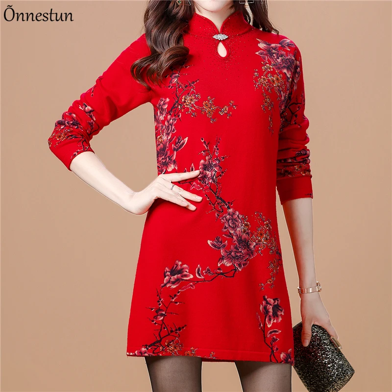 

Long Sweaters Dress Autumn Casual Long Sleeve Pullovers Cheongsam Collar Knitwear Floral Print Pull Elasticity Sweater Women