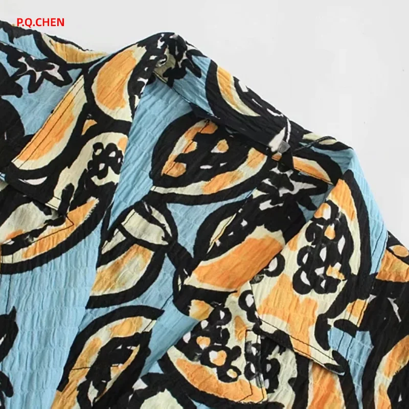 

P.Q.CHEN Women Blouse 2021 Ruched Print Beach Shirt Woman Short Sleeve Button Up Summer Blouses Streetwear Casual Female Shirt