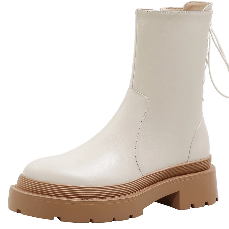 

Autumn Winter Ankle Martin Boot Thick Bottom Elegant Genuine Leather Footwear Women Shoes Black Round Toe New Trend Boots A122