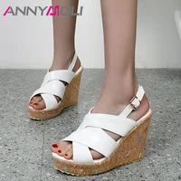 annymoli women sandals shoes wedges high heel sandals buckle round toe ladies footwear summer white black size 34 43 fashion