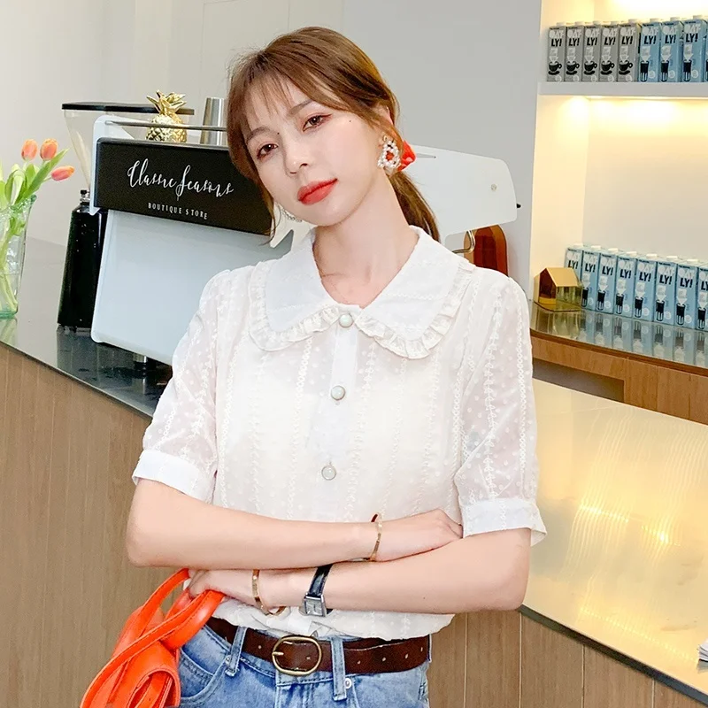 Womens Tops and Blouses Chiffon Shirt Female Fashion Doll Collar Top Short Sleeve Shirt Plus Size Women Shirts