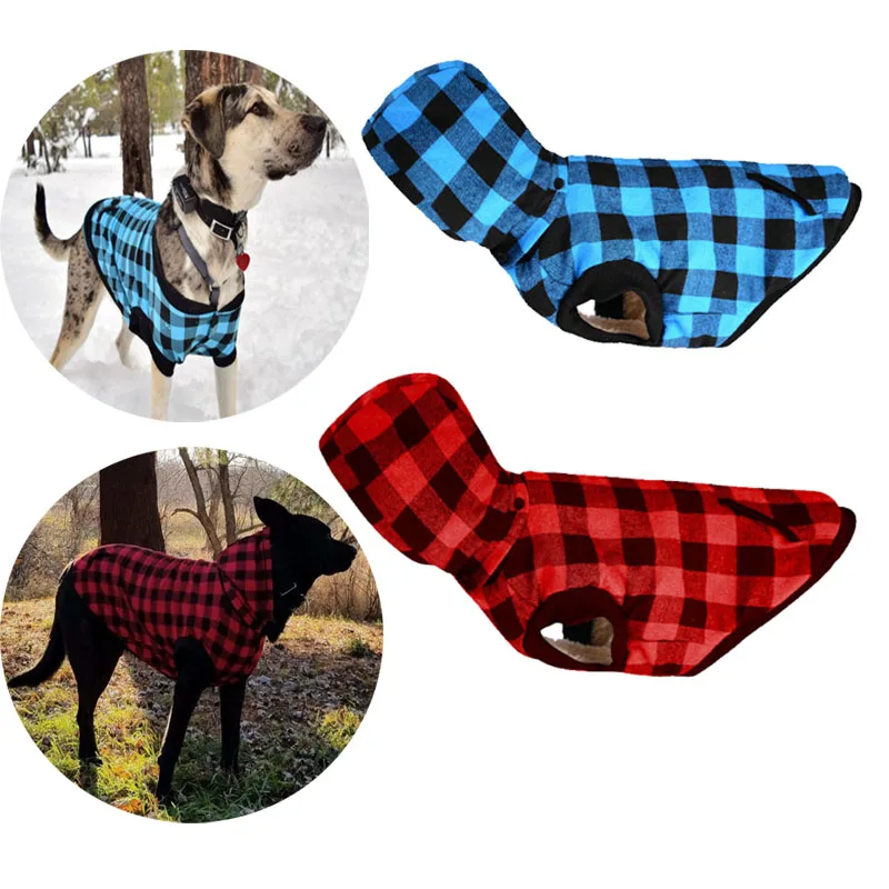 Зимняя флисовая одежда для собак с капюшоном куртка клетчатая ткань пальто