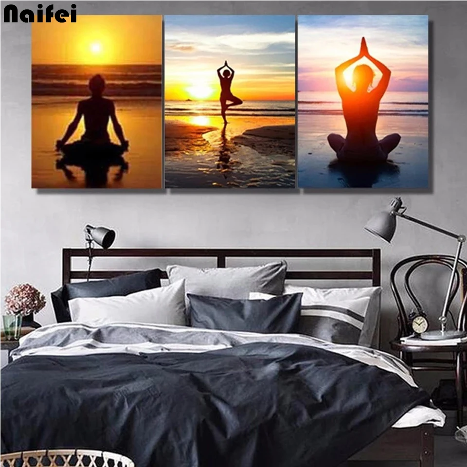 

Триптих «сделай сам», круглая Алмазная мозаика, мозаика ручной работы, закат, Йога, вышивка крестиком, Кристальные квадратные алмазные набо...