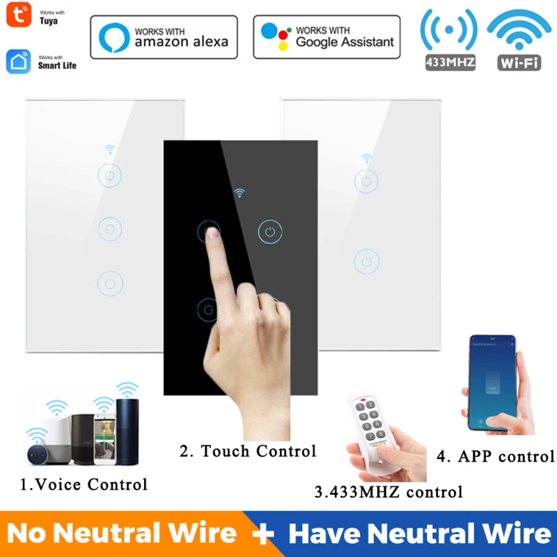

Smart Home 1/2/3/4 Gang WiFi 433MHZ Smart Touch Switch Home Wall Button Tuya Smart Life App Work With Alexa Google Home