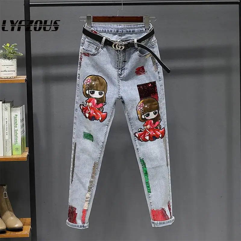 

Jeans For Women Painted Bronzing High Waist Jeans Woman Cartoon Print Plus Size Jeans Female Washed Denim Skinny Pencil Pants