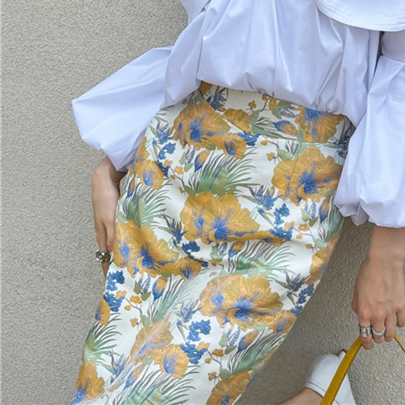 

XIZIHUPAN Vintage Floral Skirt For Women High Waist Hit Color Slim Split Midi Skirts Female Summer Fashion Clothing 2021 Stylish