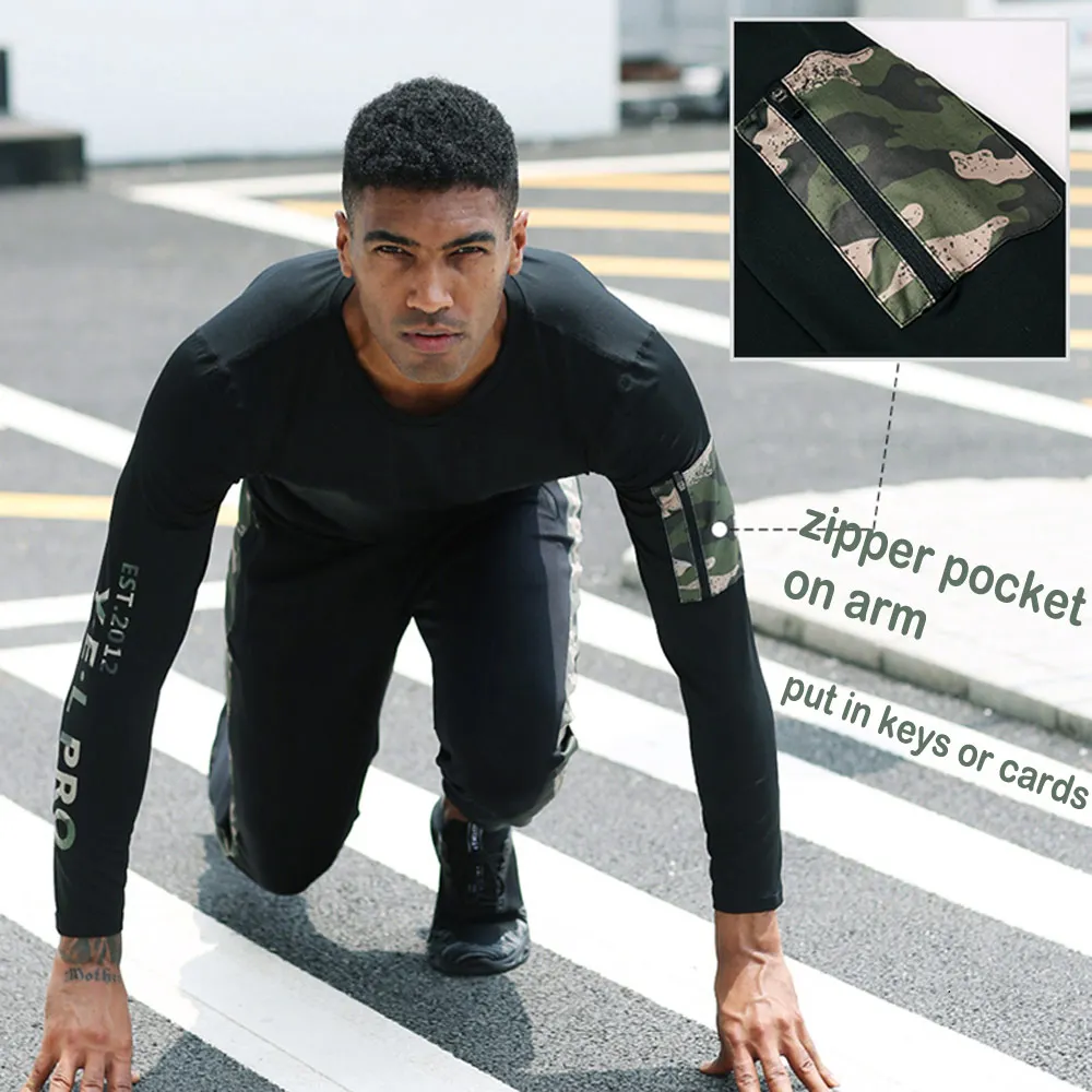 Zipper pocket Quick Dry Running Shirt Men Fitness Tights Sport Gym Sportswear Rashgard Outdoor T-shirt Compression Shirt