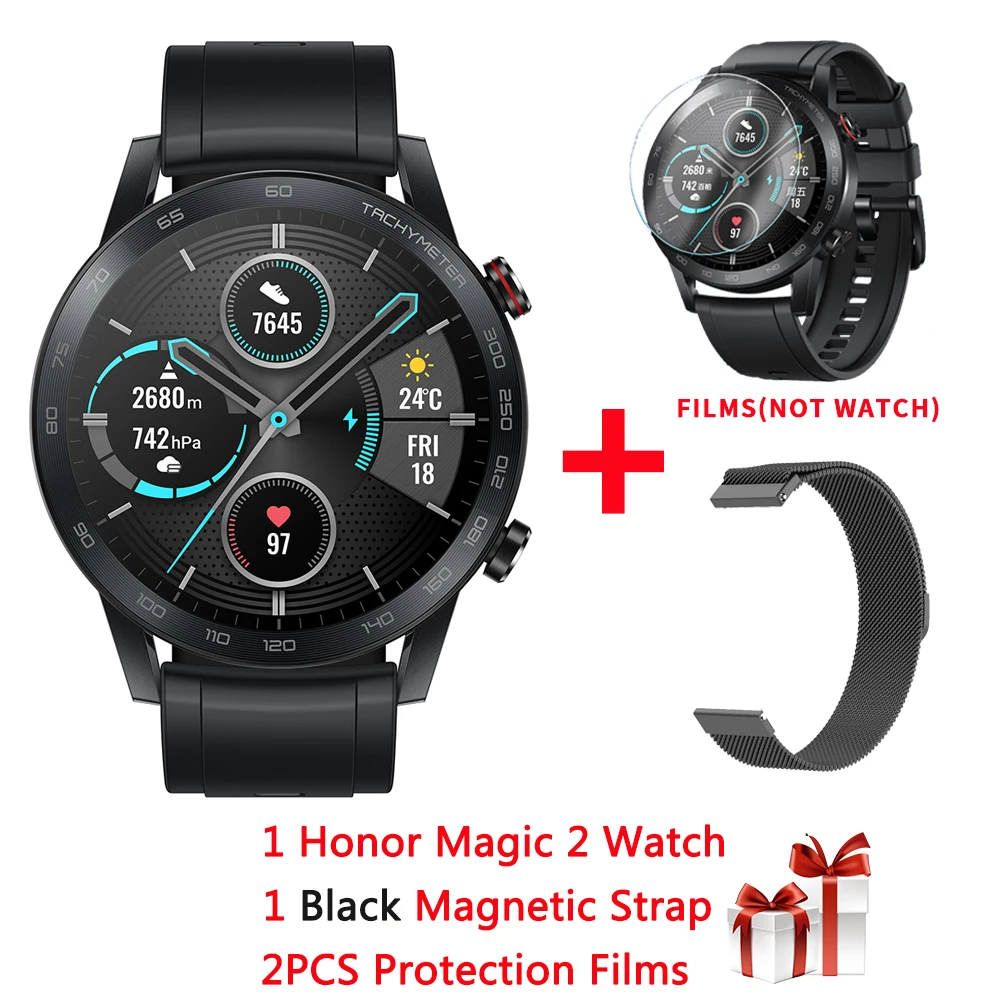 add black Magnetic Gps+ ГЛОНАСС huawei Honor Magic 2 Смарт-часы 1,3" AMOLED Always-on display 5 АТМ 14 дней Срок службы батареи крови кислородный трекер здоровья - Цвет: add black Magnetic