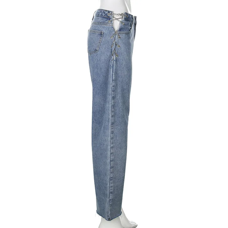 

KBDGirls Store Seasons Side Cross Chain Hollow Out Wide-leg Women Jeans High Waist Pants Sexy Elegant Ladies Europe Fashion Jean