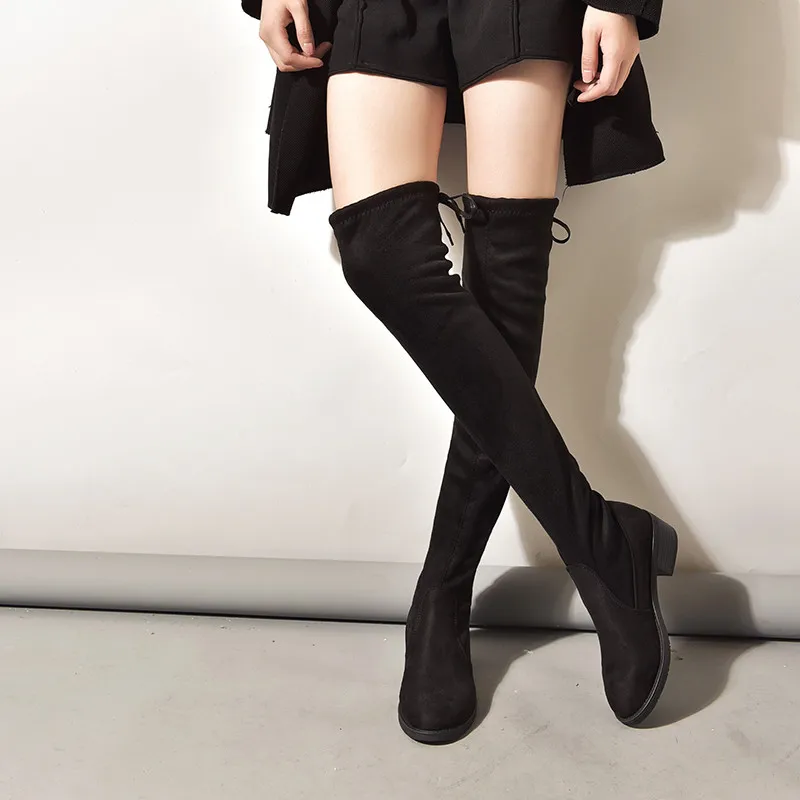 

2021 New Fashion Shoes Women Black Blocky Low-heeled Long Slim Boots New Winter Warmth Over The Knee Boots Soft Flocking Thigh H